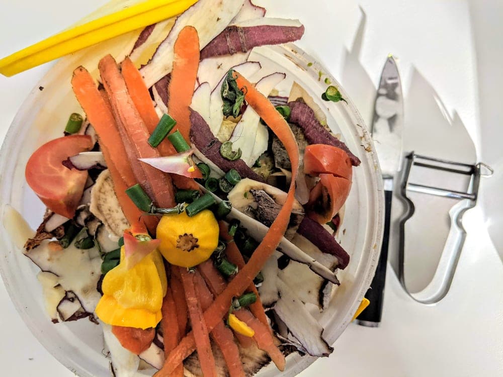 Countertop compost bin with the lid open beside vegetable scraps